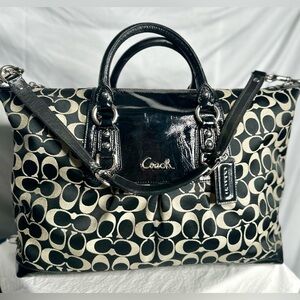 COACH Ashley Signature Logo Black Silver Patent Leather Satchel Shoulder Bag